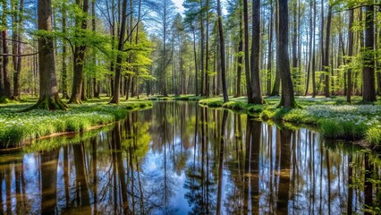 Obraz premium Bialowieza forest in April spring at eye level