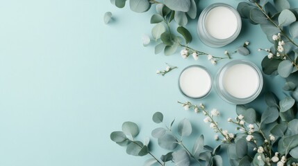 Beautiful composition of a spa background with eucalyptus leaves, a towel, and a jar of cream on a blue pastel-colored flat lay.