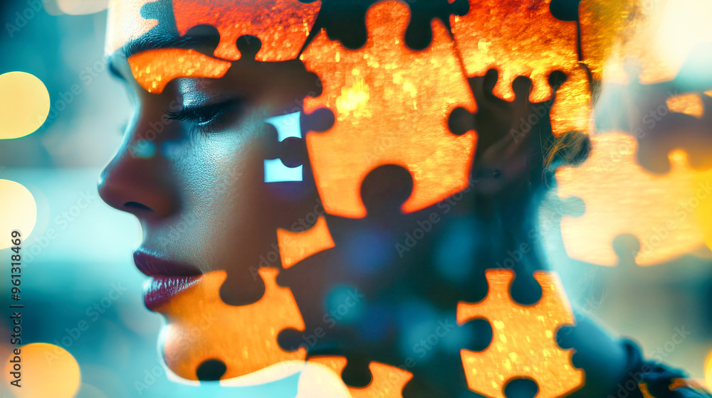 Poster a striking blend of a man's silhouette with colorful puzzle pieces, symbolizing the search for ident