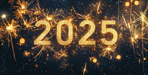 New Year background with golden text 2025 on sparkling bokeh