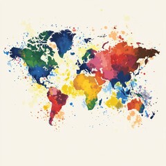 Artistic World Map, a creatively designed map featuring vibrant colors and abstract shapes on a clean white background, showcasing global geography in a unique and imaginative way
