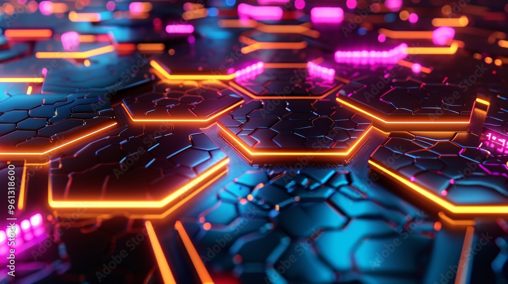 Wall mural abstract futuristic hexagon pattern with neon lights