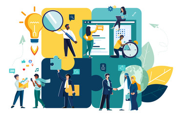 Vector illustration. Puzzles, element of teamwork and brainstorming. Business, people starting a new business startup in United Arab Emirates, Dubai, UAE. Ethnic businessmen discuss financial issues