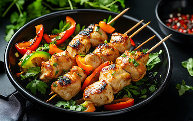 Fototapeta premium Perfectly Grilled vegetable and meat skewers on the black stone background.