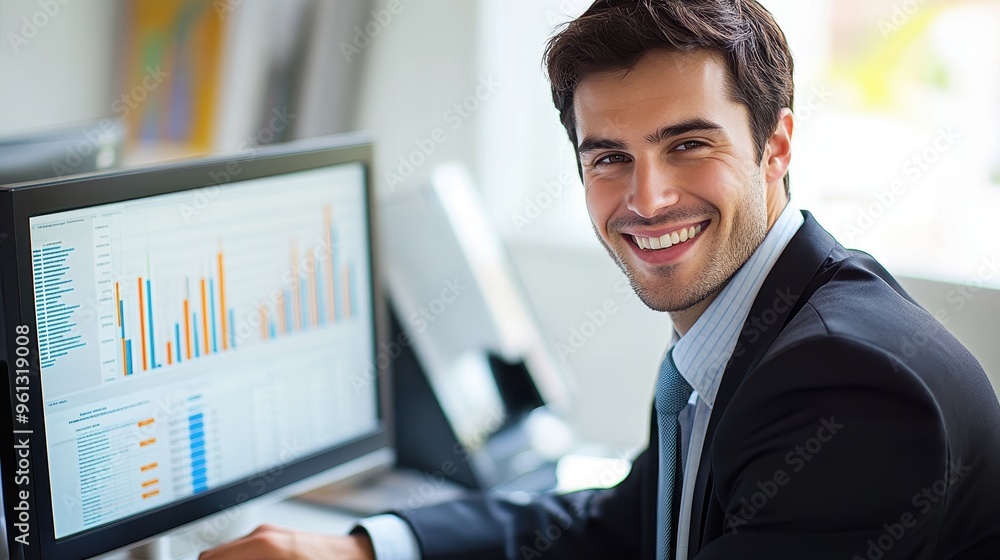 Poster smiling businessman working at desk with computer screens displaying data and graphs in modern offic