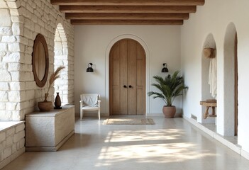 Fototapeta premium Coastal interior design of modern entrance hall with stone tiles wall and wooden rustic elements