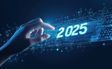 Hand touching on digital screen with text 2025