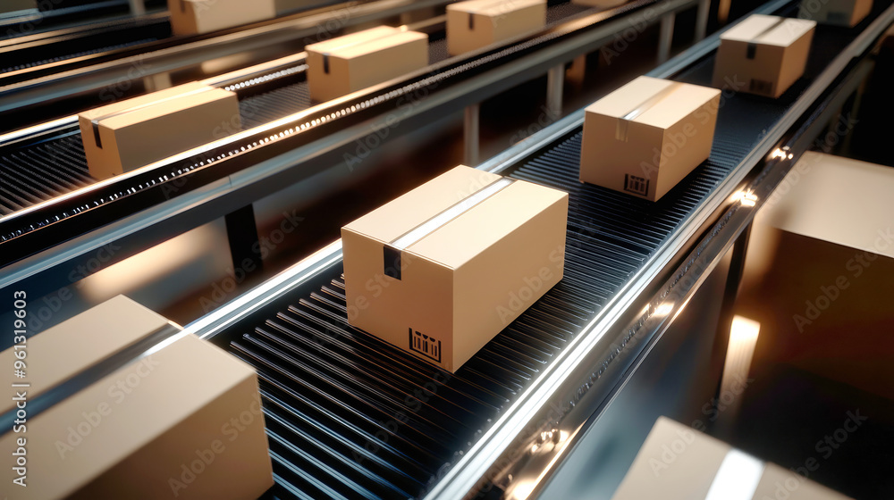 Poster boxes glide on a conveyor belt in a sleek warehouse at night, enhanced by soft lighting, capturing a