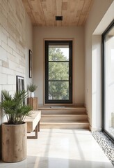 Coastal interior design of modern entrance hall with stone tiles wall and wooden rustic elements