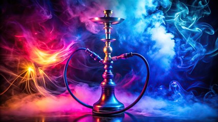 Bird eye view of hookah with neon lights and thick smoke in background