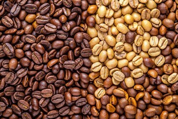 Fototapeta premium Bird Eye View of roasted and raw unroasted coffee beans