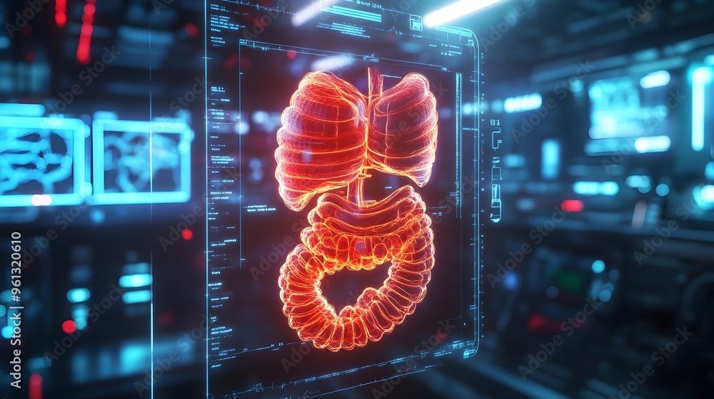 Poster a captivating hologram showcasing the intricate digestive system with a focus on the stomach and int