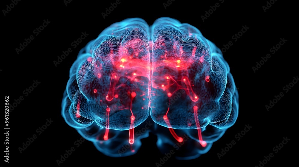Poster a futuristic hologram visualizing the intricate anatomy and active areas of the human brain designed