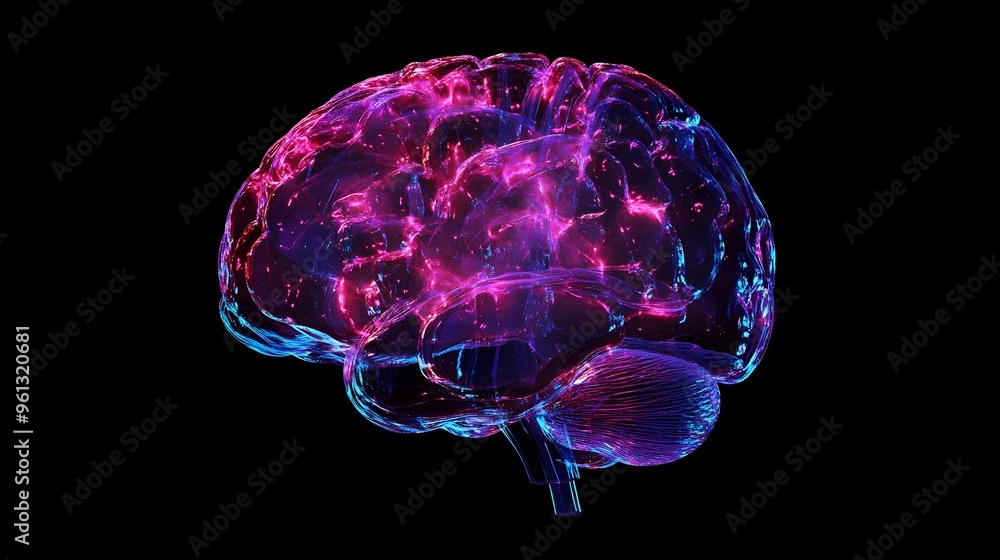 Poster holographic visualization of the human brain with active areas highlighted for in depth neurological