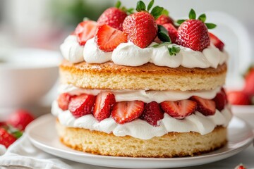 A classic strawberry shortcake with layers of fluffy sponge cake, fresh strawberries, and whipped cream