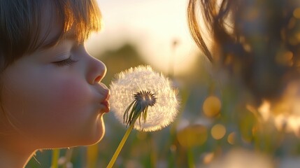 A child blowing on a dandelion in a sunlit field, capturing a moment of innocence and joy.