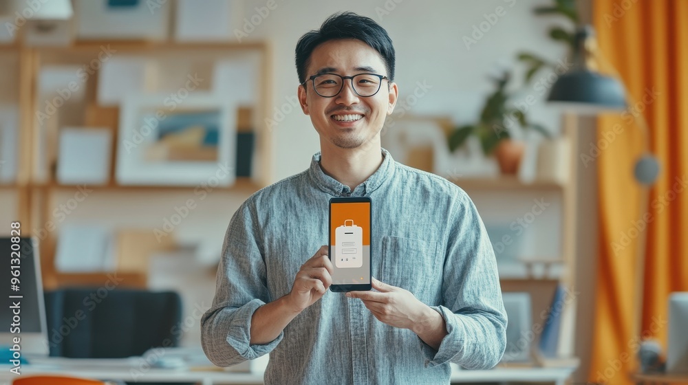 Poster smiling man holding smartphone with mobile app interface in modern office setting