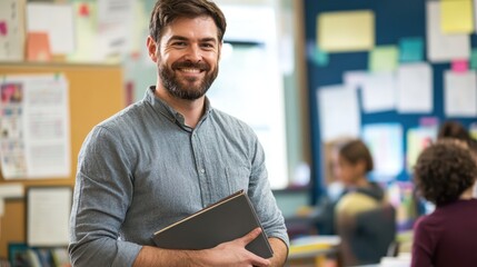 Smiling Male Teacher Holding a Tablet in a Classroom with Students in the Background