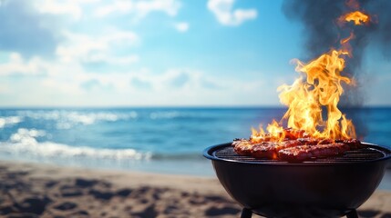 grill with burning and smoking barbeque on beach background, illustration with copy space for the design of decorative cards, backgrounds, banners and posters
