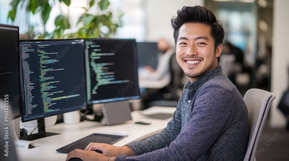 Poster smiling software developer working at desk with multiple monitors in modern office environment