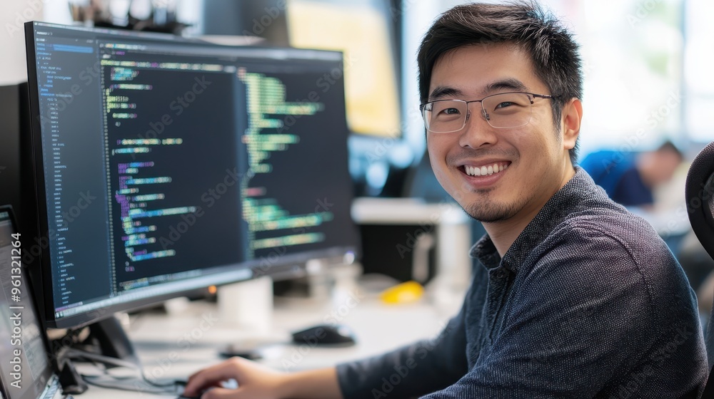Poster smiling software developer working at desk with multiple monitors in modern office environment