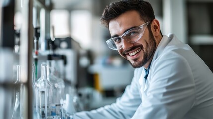Smiling Scientist in Laboratory Wearing Safety Glasses and Lab Coat Conducting Research