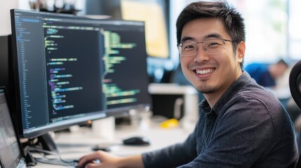 Smiling Software Developer Working at Desk with Multiple Monitors in Modern Office Environment