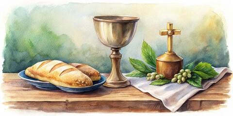 Bird's eye view illustration of Christian Eucharist celebration on Maundy Thursday in watercolor style
