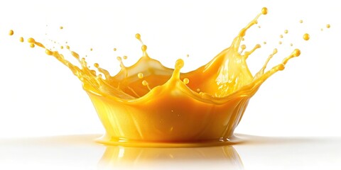 Bird's eye view of a golden splash of orange juice on white background
