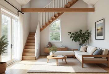 Farmhouse home interior design of modern living room with wooden staircase