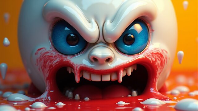 Kolobok is a monster with a white face and blue eyes, blood around his mouth