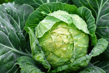 Obraz premium Top view fresh beautiful cabbage farm, wet 
