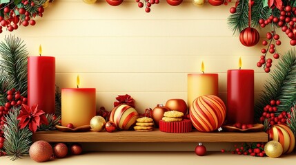 Christmas Decorations on a Wooden Shelf.