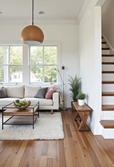 Naklejka premium Farmhouse home interior design of modern living room with wooden staircase
