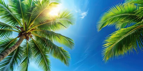 Fototapeta premium Bird's eye view of coconut palm trees against a blue sky background