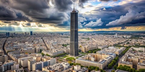 Fototapeta premium Bird's eye view of Montparnasse tower rising above Parisian buildings under cloudy sky