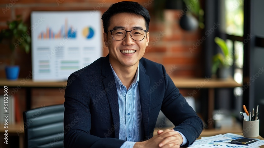 Poster confident business professional smiling in modern office with charts and graphs in background