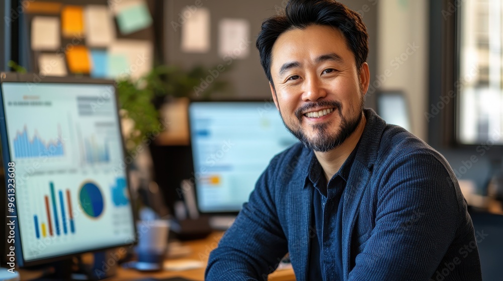 Poster confident business professional smiling at desk with computer screens displaying data and graphs in 