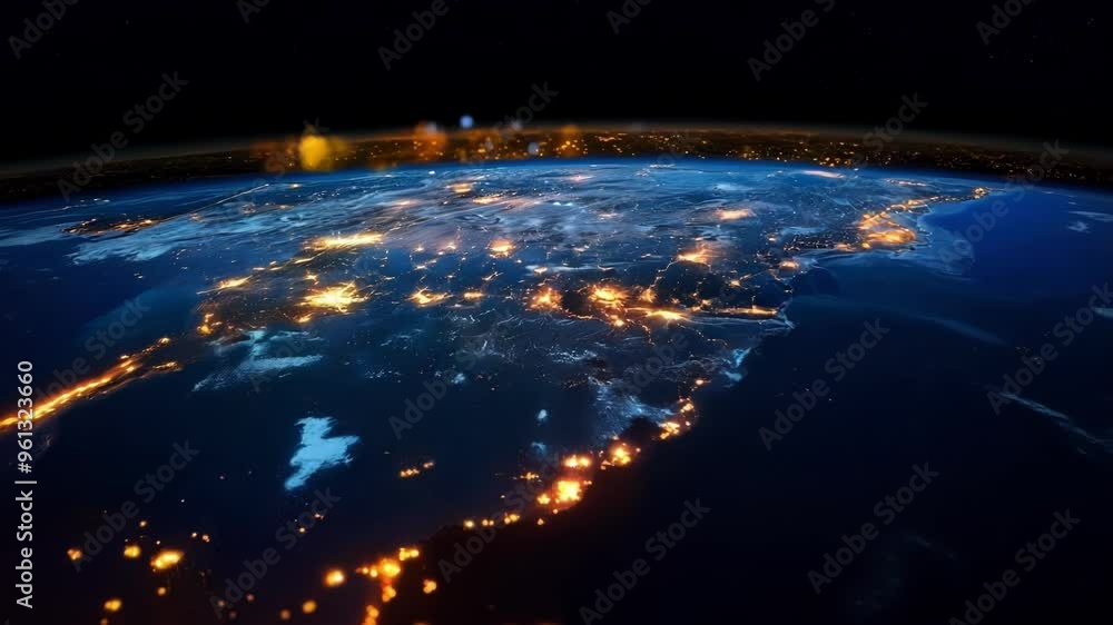 Poster abstract image showing a network of lines of light connecting over a map of the earth, symbolizing g