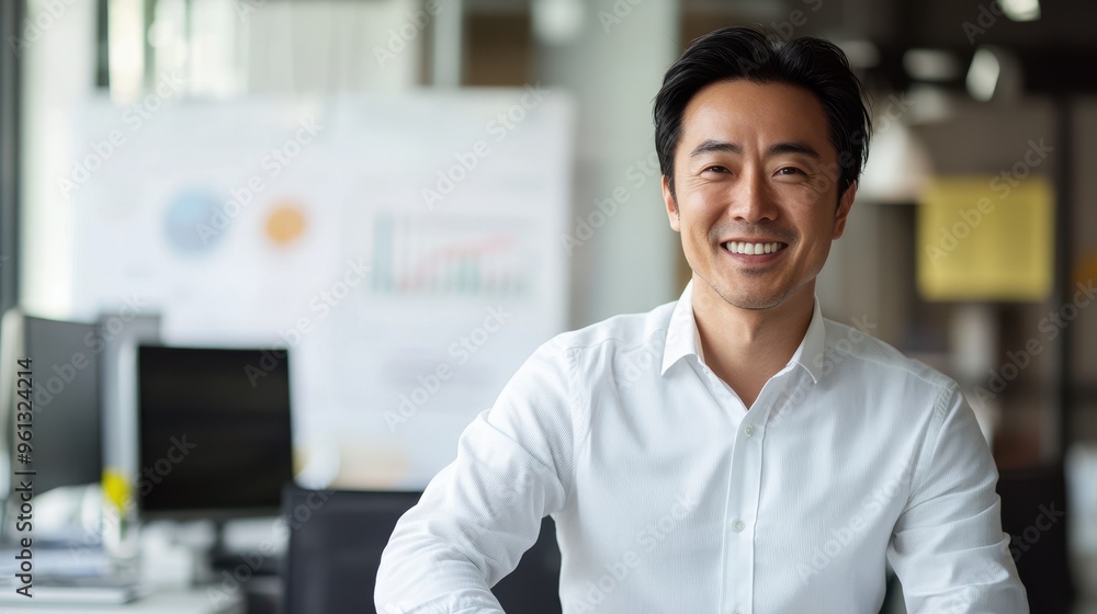 Poster professional businessman smiling in modern office setting with charts and computers in background