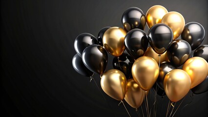 Birthday celebration with black and gold balloons on dark background with tilted angle