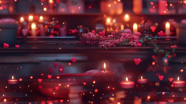 A cute witch cauldron bubbling with pink and red hearts, surrounded by glowing candles, stars, and potion bottles, soft magical lighting with whimsical details, hd quality, natural look.