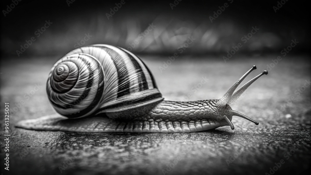 Wall mural black and white image of a strange, carefree striped snail with leading lines