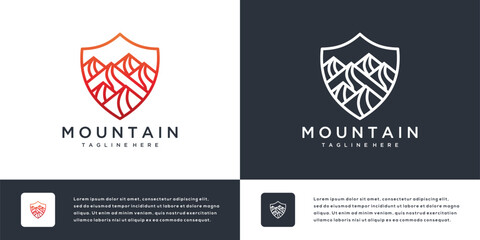 Mountain logo icon design illustration with shield. Abstract outdoor mountain logo symbol.