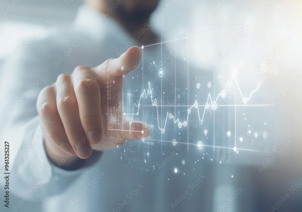 Poster businessman analyzing data on interactive screen