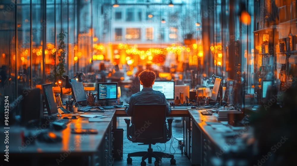 Poster man working on computer in modern office