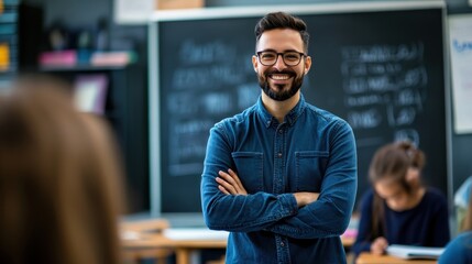 Obraz premium Confident Male Teacher Smiling in Classroom with Students in Background, Education Concept