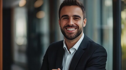 Fototapeta premium Confident Young Businessman in Suit Smiling at Camera in Modern Office Setting