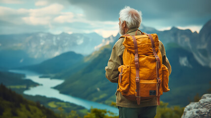 An elderly traveler with a backpack takes in stunning mountain views beside a calm lake, enjoying the beauty of nature on an adventurous vacation