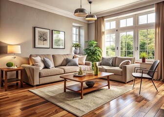 A peaceful retreat awaits in this contemporary living space, where a neutral sofa and armchair are paired with